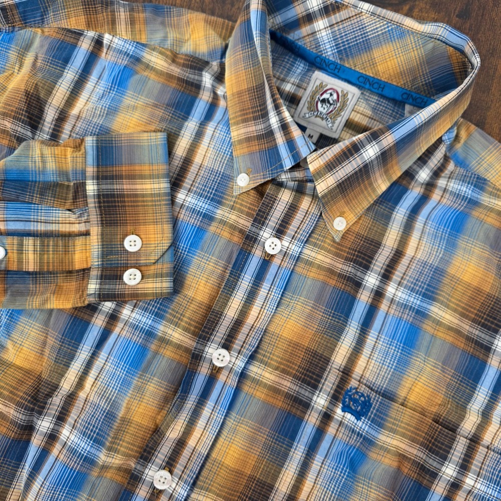 Cinch Mens Medium Button Down Long Sleeve Western‎ Plaid Shirt Blue Brown
